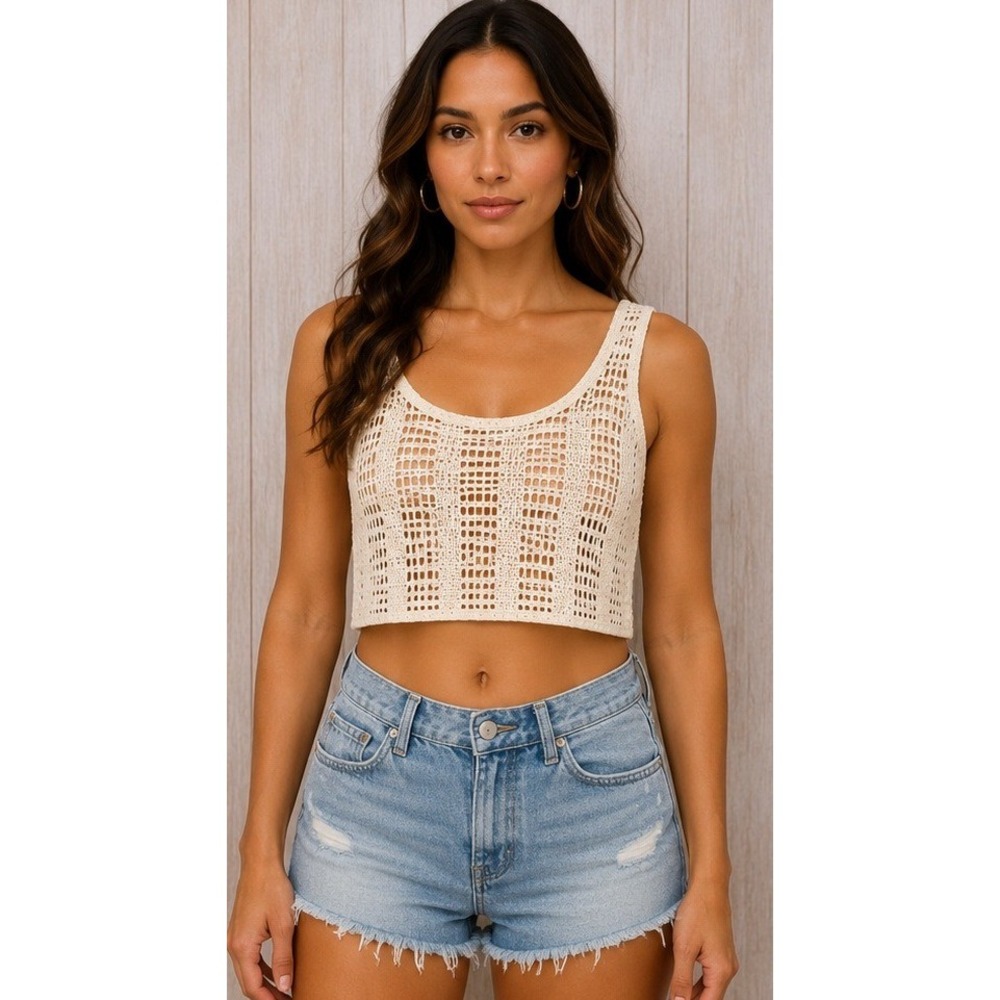 Wild Fable Cream Open Knit Crochet Crop Tank Top Small NWT K809KL